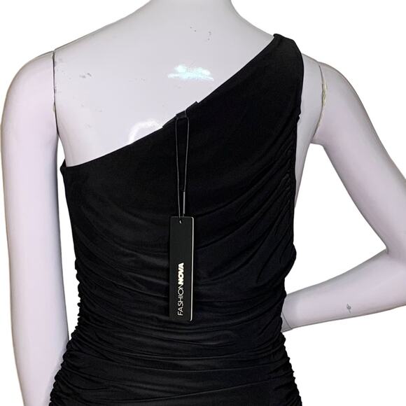 Fashion Nova NWT My Man and Me Ruched Mini Dress One Shoulders Black Size M - Picture 7 of 15